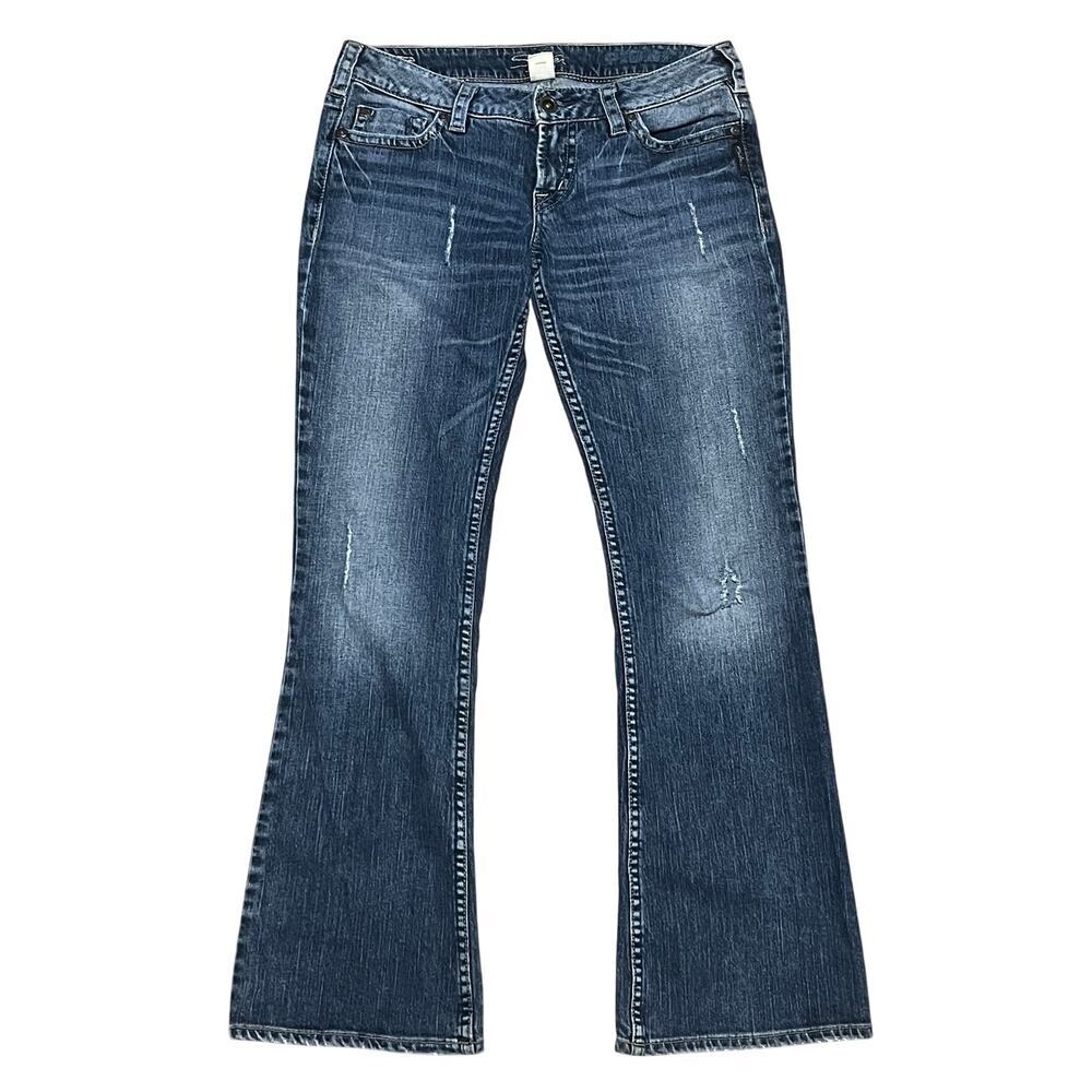 VTG Y2K Silver Jeans Pioneer Flare Womens 29x31 Embroidered Flap Pockets Stitch